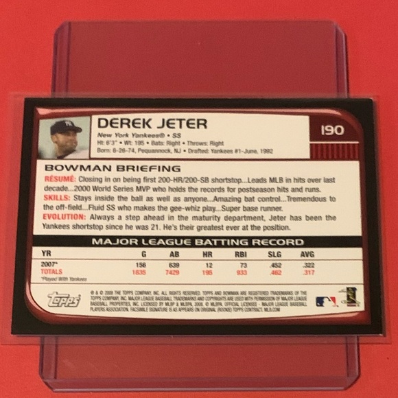 Derek Jeter #190 2008 Bowman Baseball Trading Card - Picture 2 of 2